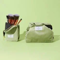 Drawstring Flat Lay Makeup Bag Sage Green Velvet