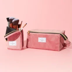Flat Lay Makeup Box Bag Pink Velvet