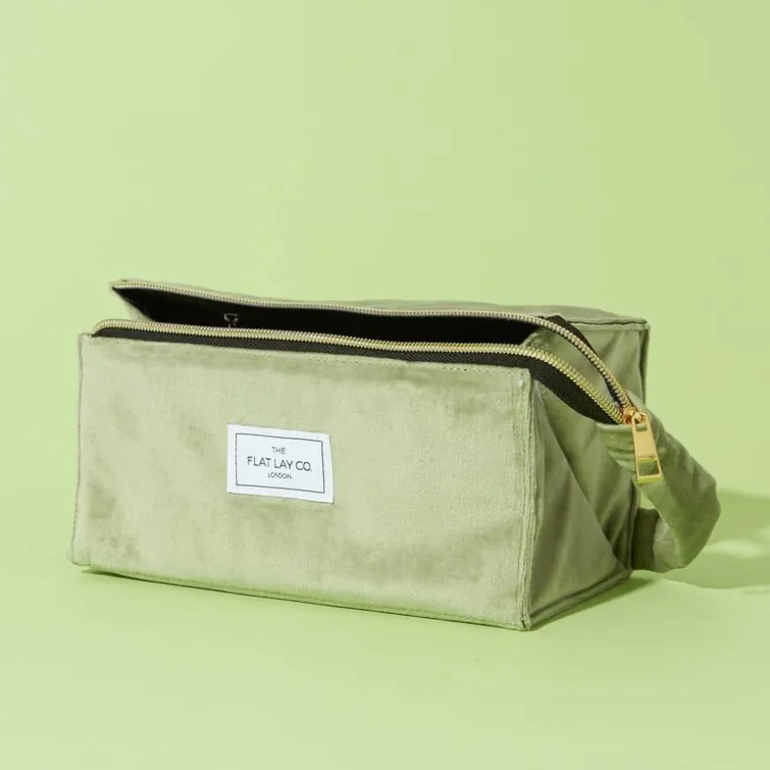 Flat Lay Makeup Box Bag Sage Green Velvet