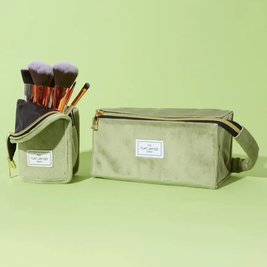 Flat Lay Makeup Box Bag Sage Green Velvet