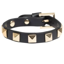 Leather Stud Bracelet Black With Gold