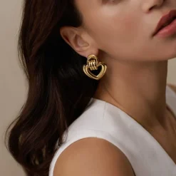 Statement Interlocking Textured Heart Earrings Gold