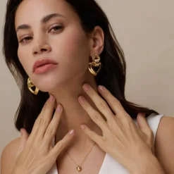 Statement Interlocking Textured Heart Earrings Gold