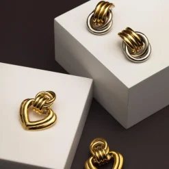 Statement Interlocking Textured Heart Earrings Gold