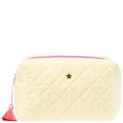 Terry Quilted Make-Up Pouch Large Pale Yellow With Bubblegum Pink