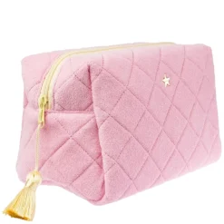 Terry Quilted Make-Up Pouch Large Bubblegum Pink With Pale Yellow