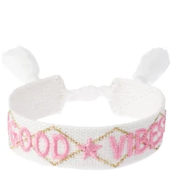 Woven Friendship Bracelet "Good Vibes" White With Bubblegum Pink & Gold