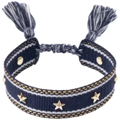 Woven Friendship Bracelet With Star Studs Navy Blue With Gold