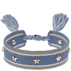 Woven Friendship Bracelet With Star Studs Light Blue With Gold