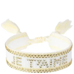 Woven Friendship Bracelet With Crystals "Je T'aime" White With Pale Yellow