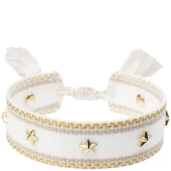 Woven Friendship Bracelet With Star Studs White With Sand & Gold