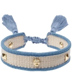 Woven Friendship Bracelet Thin With Sign Studs Sand & Light Blue
